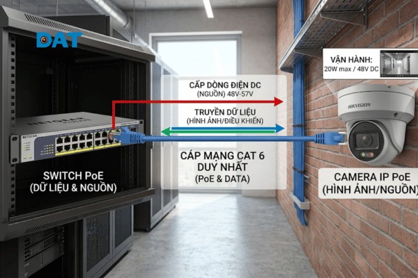 Mô hình truyền tải đồng thời dòng điện một chiều DC và tín hiệu dữ liệu số trên cùng một sợi cáp mạng theo chuẩn PoE.