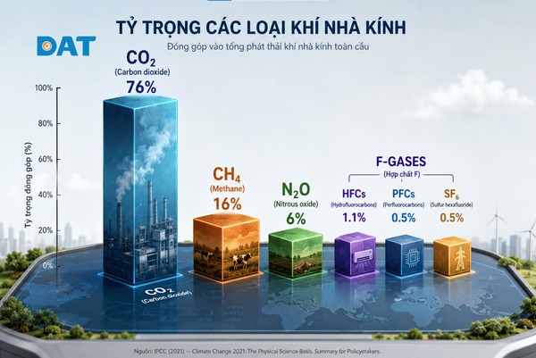 Biểu đồ trực quan hóa tỷ lệ phân bổ và đóng góp vào hiệu ứng nhà kính của 6 nhóm khí thải chính theo Nghị định thư Kyoto.