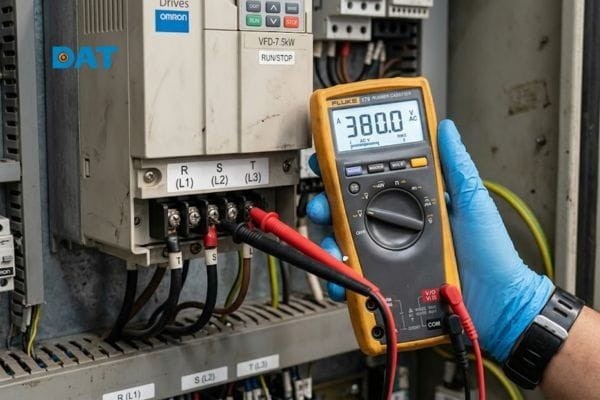 Kỹ thuật viên đo điện áp lưới tại các cực đầu vào để chẩn đoán tình trạng sụt áp.