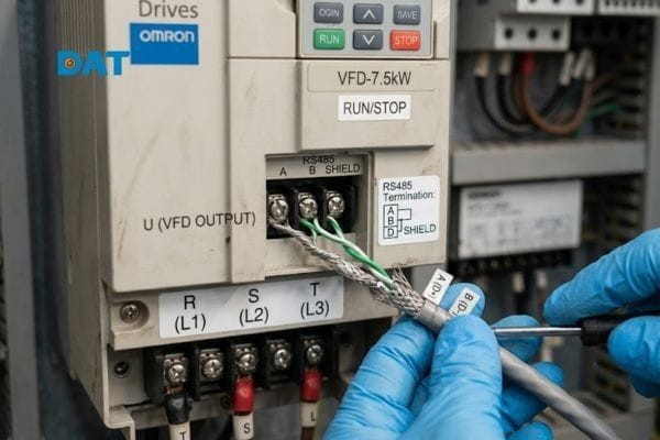 Sử dụng cáp truyền thông có lớp bọc chống nhiễu để đảm bảo tín hiệu ổn định giữa PLC và biến tần.