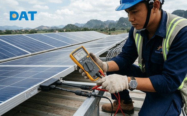Kỹ thuật viên đo điện áp hở mạch (Voc) tại giắc MC4 của tấm pin để kiểm tra tình trạng thiết bị.