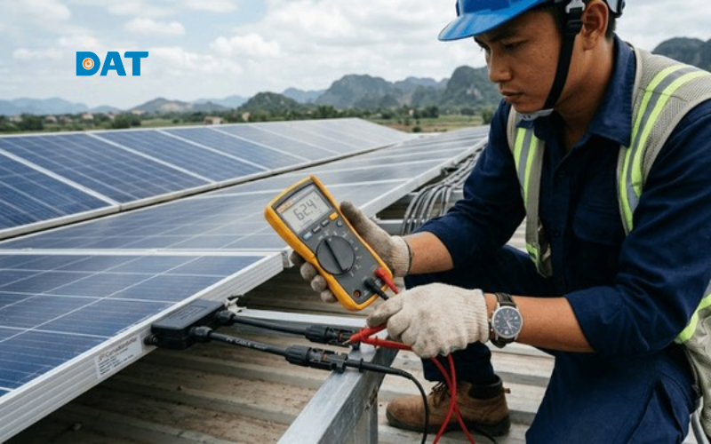 Kỹ thuật viên đo điện áp hở mạch (Voc) tại giắc MC4 của tấm pin để kiểm tra tình trạng thiết bị.
