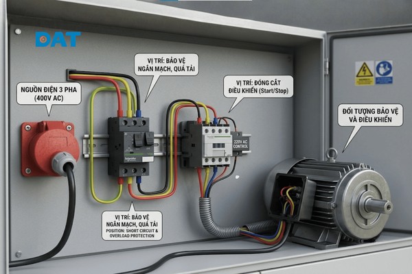 Sơ đồ vị trí kết nối của MPCB trong mạch động lực điều khiển và bảo vệ an toàn cho hệ thống động cơ.