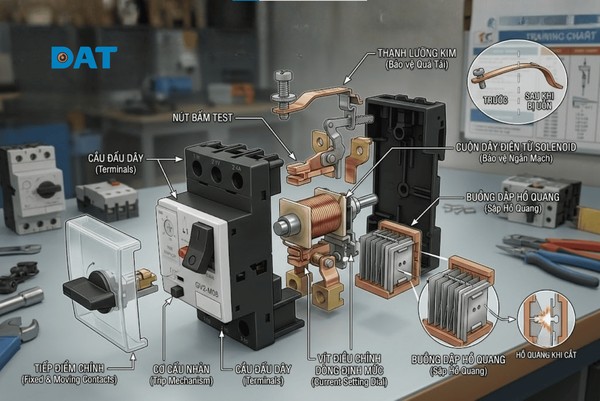 Chi tiết cấu tạo cơ khí phức tạp bên trong lớp vỏ nhựa đúc chịu nhiệt của một bộ ngắt mạch MPCB.