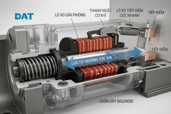 Cơ chế kích tốc từ tính của cuộn dây Solenoid giúp đẩy văng tiếp điểm để cách ly dòng ngắn mạch tức thời.