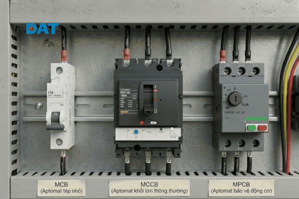 So sánh kiểu dáng hình học và cấu trúc mặt ngoài của ba thiết bị đóng cắt phổ biến: MCB, MCCB và MPCB.