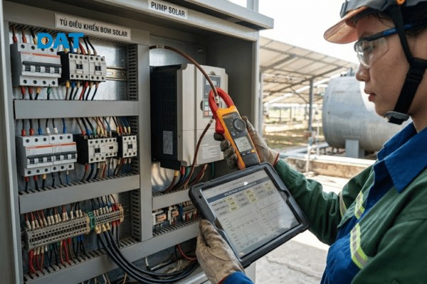 Hệ thống MPCB được tích hợp trong tủ điện điều khiển bơm chìm solar giúp bảo vệ motor trước biến động sụt áp do thời tiết.