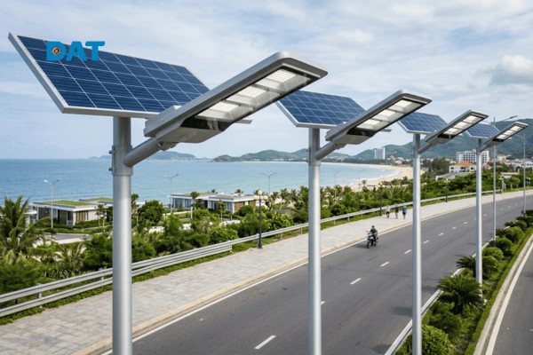 Hệ thống đèn đường năng lượng mặt trời thông minh với thiết kế chao phẳng giúp định hướng luồng sáng đạt chuẩn hoàn toàn.