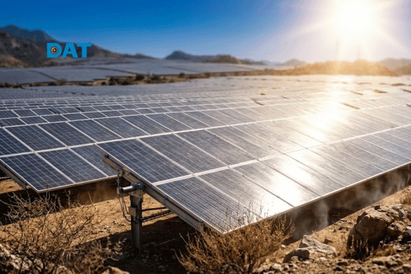 Trang trại điện mặt trời hoạt động trong điều kiện bức xạ mặt trời cao vào giữa ngày.