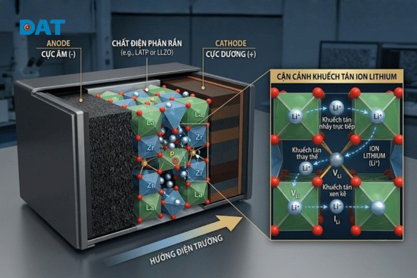 Sơ đồ kỹ thuật mô tả dòng di chuyển qua lại của các ion Lithium qua lớp điện phân rắn giữa cực âm kim loại và cực dương trong chu kỳ sạc xả.