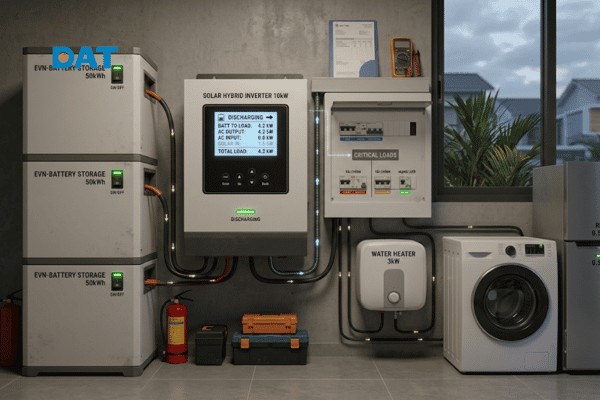 Mô hình kết nối xả điện từ hệ thống pin lưu trữ qua biến tần Hybrid để chuyển hóa năng lượng cung cấp cho các phụ tải điện tiêu thụ.