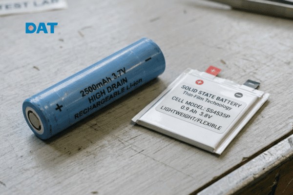 Hình ảnh đối chiếu trực quan một cell pin Lithium-ion truyền thống và một mẫu cell pin thể rắn thế hệ mới có kích thước tối giản.