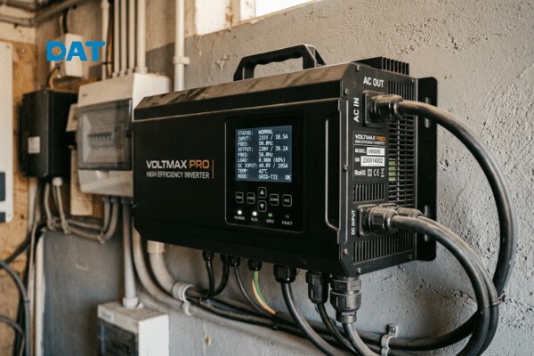 Hình ảnh bộ nghịch lưu Power Inverter cao cấp với màn hình hiển thị trực quan các thông số hoạt động ổn định.