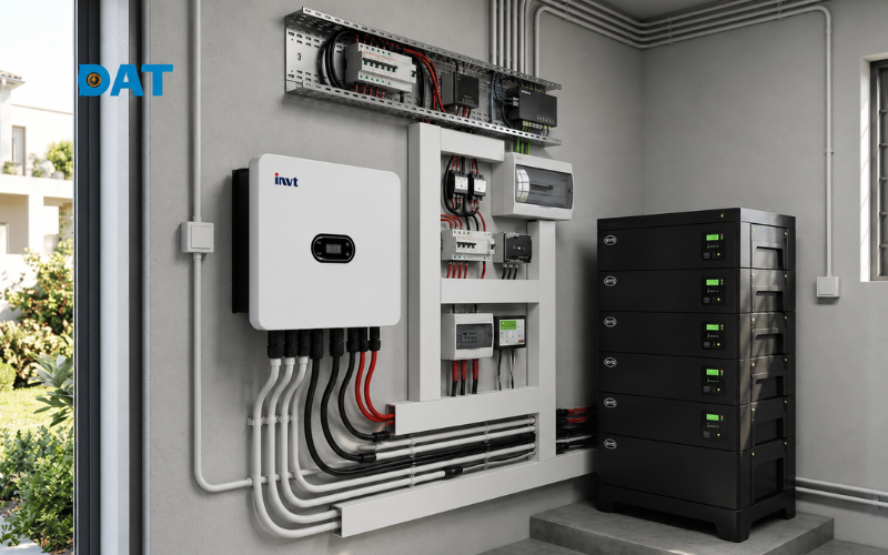 Giải pháp nguồn điện liên tục với bộ Hybrid Inverter phối hợp cùng tủ pin lưu trữ Lithium cao cấp lắp đặt tại hộ gia đình.