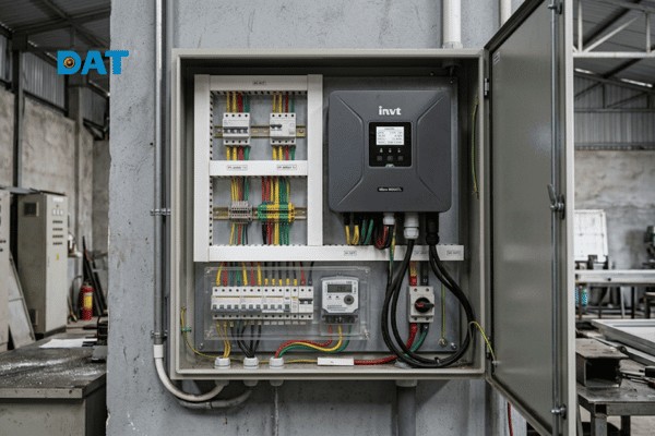 Hệ thống Inverter hòa lưới thực tế lắp đặt cố định bên cạnh tủ điện phân phối tổng của nhà xưởng sản xuất.