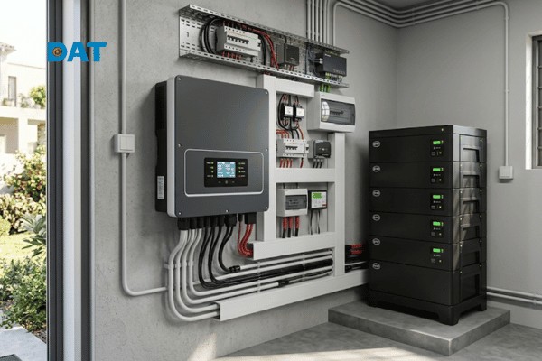 Giải pháp nguồn điện liên tục với bộ Hybrid Inverter phối hợp cùng tủ pin lưu trữ Lithium cao cấp lắp đặt tại hộ gia đình.