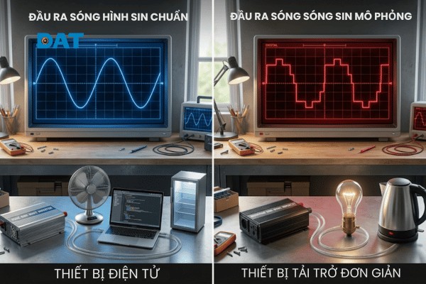 Đồ thị so sánh hình dáng xung điện của sóng sin chuẩn mượt mà và sóng sin mô phỏng hình bậc thang tương thích với từng nhóm thiết bị.
