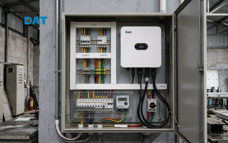 Hệ thống Inverter hòa lưới thực tế lắp đặt cố định bên cạnh tủ điện phân phối tổng của nhà xưởng sản xuất.