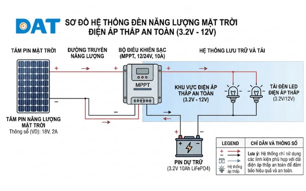 Hệ thống điện áp thấp (DC) của đèn solar giúp loại bỏ hoàn toàn nguy cơ giật điện ngoài trời.