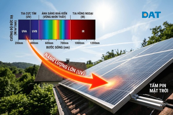 Sơ đồ vị trí quang phổ của tia cực tím mang năng lượng photon cao liên tục bắn phá bề mặt cấu trúc tấm pin.