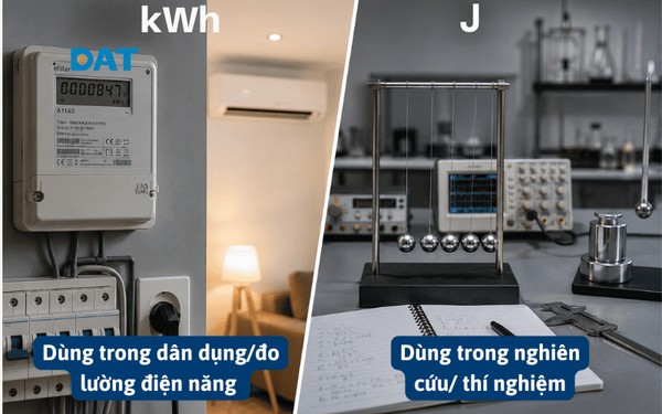 kWh và Joule đều đo năng lượng, nhưng kWh dùng thực tế, còn Joule dùng trong khoa học.