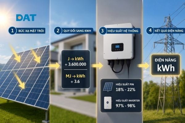 Năng lượng bức xạ mặt trời (J, MJ) được quy đổi sang kWh để tính sản lượng điện thực tế.