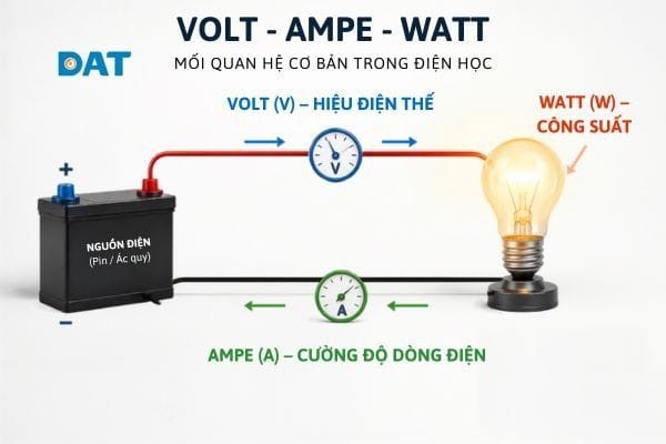 Mối quan hệ giữa Volt, Ampe và Watt trong mạch điện.