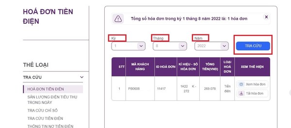 Giao diện để xem và tải hóa đơn