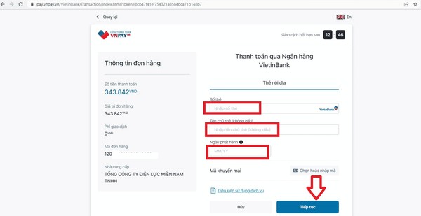 Nhập thông tin và nhấn tiếp tục để hoàn tất giao dịch