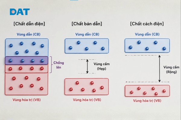 Sơ đồ minh họa vùng năng lượng chồng lấn, nhiều electron tự do giúp dẫn điện mạnh.