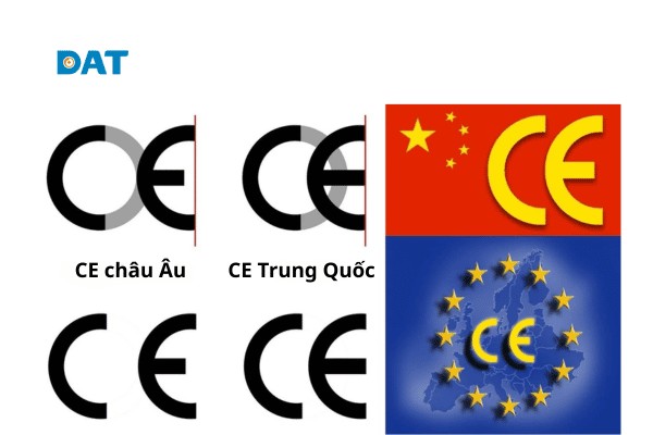 Sơ đồ phân tích quy tắc hình học giúp nhận diện cấu trúc chữ của nhãn CE châu Âu chuẩn (trái) và nhãn Xuất khẩu Trung Quốc (phải).