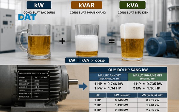 Minh họa trực quan mối quan hệ giữa Công suất tác dụng (kW), Công suất phản kháng (kVAR) và Công suất biểu kiến (kVA) thông qua mô hình "Ly bia điện năng" kinh điển