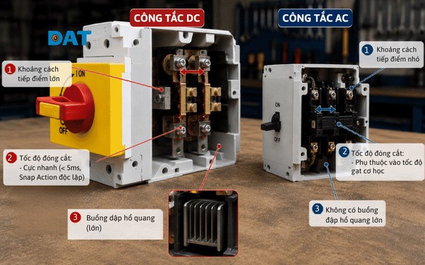 Công tắc DC và công tắc AC có thiết kế khác nhau để đáp ứng đặc tính của dòng điện một chiều và xoay chiều.