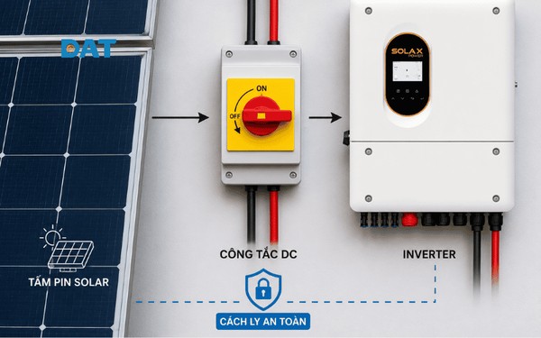 Công tắc DC được lắp giữa tấm pin năng lượng mặt trời và inverter để cách ly nguồn điện một chiều khi cần bảo trì hoặc xử lý sự cố.