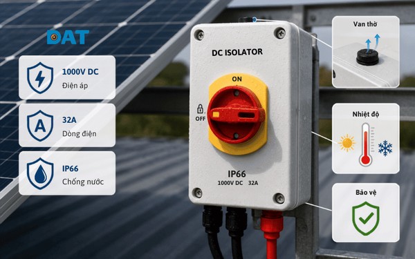 Lựa chọn công tắc DC đạt chuẩn IP66/IP67 giúp bảo vệ thiết bị và tăng độ bền khi lắp ngoài trời.