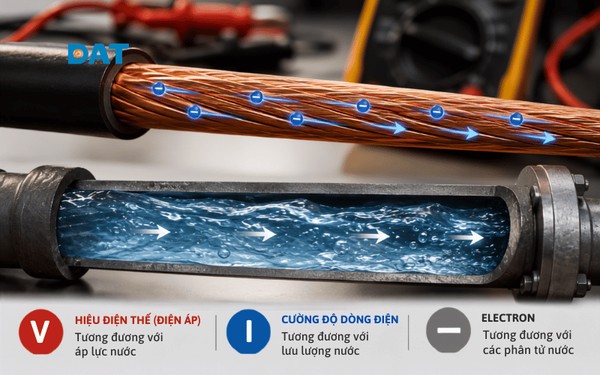 Minh họa cường độ dòng điện thông qua phép so sánh với lưu lượng nước chảy trong đường ống, giúp dễ hình dung nguyên lý hoạt động của dòng điện.