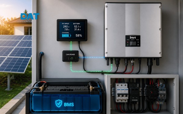 Hệ thống điện mặt trời Hybrid sử dụng inverter tích hợp MPPT để tối ưu dòng sạc và bảo vệ pin lưu trữ Lithium.