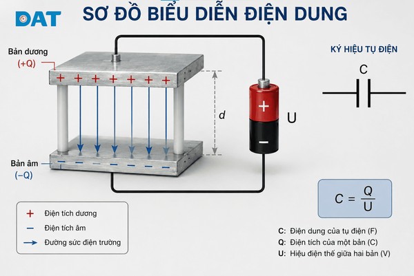 Sơ đồ biểu diễn điện dung của tụ điện với ký hiệu và công thức tính.