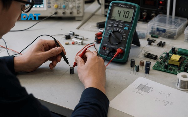 Sử dụng đồng hồ đo điện dung để xác minh giá trị tụ điện sau khi áp dụng công thức tính điện dung.