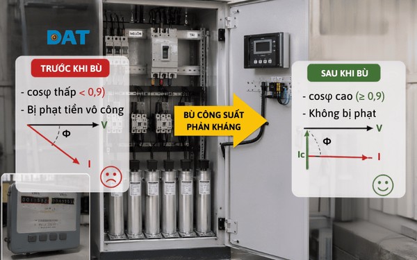 Tủ tụ bù công suất phản kháng giúp nâng hệ số công suất (cosφ), giảm tổn thất điện năng và tránh chi phí do công suất phản kháng.