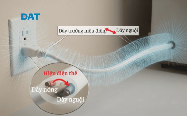 Điện trường xung quanh dây cắm khi chưa bật thiết bị, tồn tại do hiệu điện thế giữa dây nóng và dây nguội