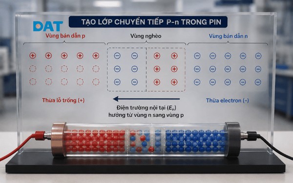 Minh họa sự hình thành điện trường nội tại trong lớp chuyển tiếp P–N.