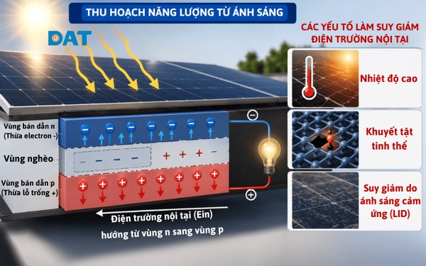 Điện trường nội tại giúp tách electron (-) và lỗ trống (+), ngăn chúng tái hợp, từ đó tạo ra dòng điện.