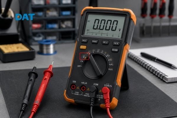 Cắm đúng cổng, chọn đúng ACV hoặc DCV để đo điện áp chính xác và an toàn bằng DMM.