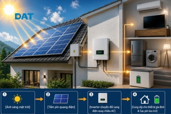 Quy trình điện mặt trời tạo nguồn điện sạch, cung cấp điện cho gia đình và lưu trữ năng lượng.