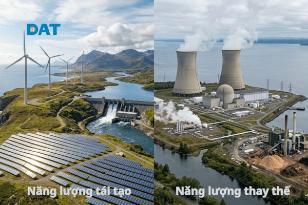 Hình ảnh minh họa mô tả phạm vi khác biệt giữa nhóm năng lượng tái tạo vô hạn và nhóm năng lượng thay thế ít phát thải carbon.