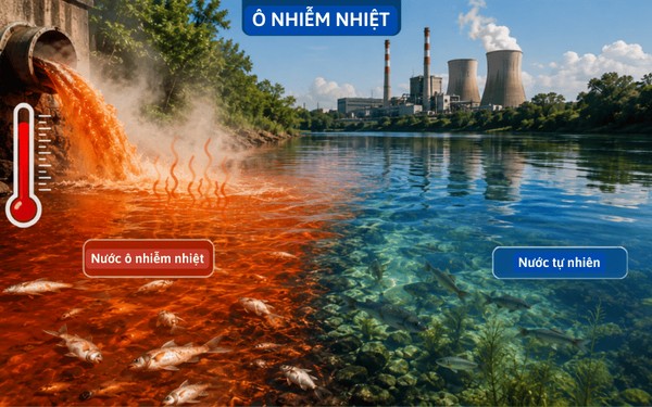 Minh họa ô nhiễm nhiệt do nước thải nóng từ nhà máy làm giảm oxy hòa tan và ảnh hưởng đến sự sống dưới nước.